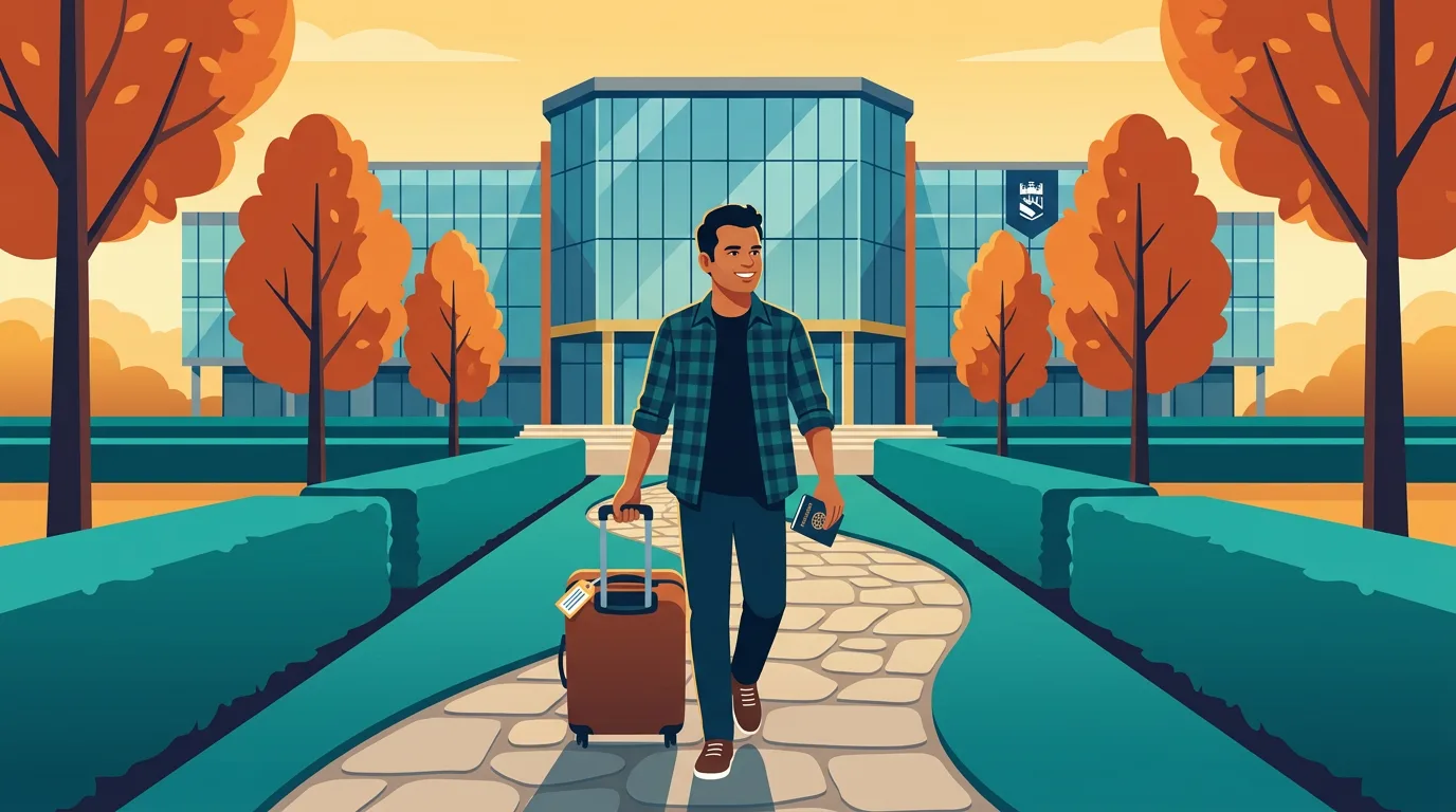 Illustration of a student arriving in the UK with luggage and expectations