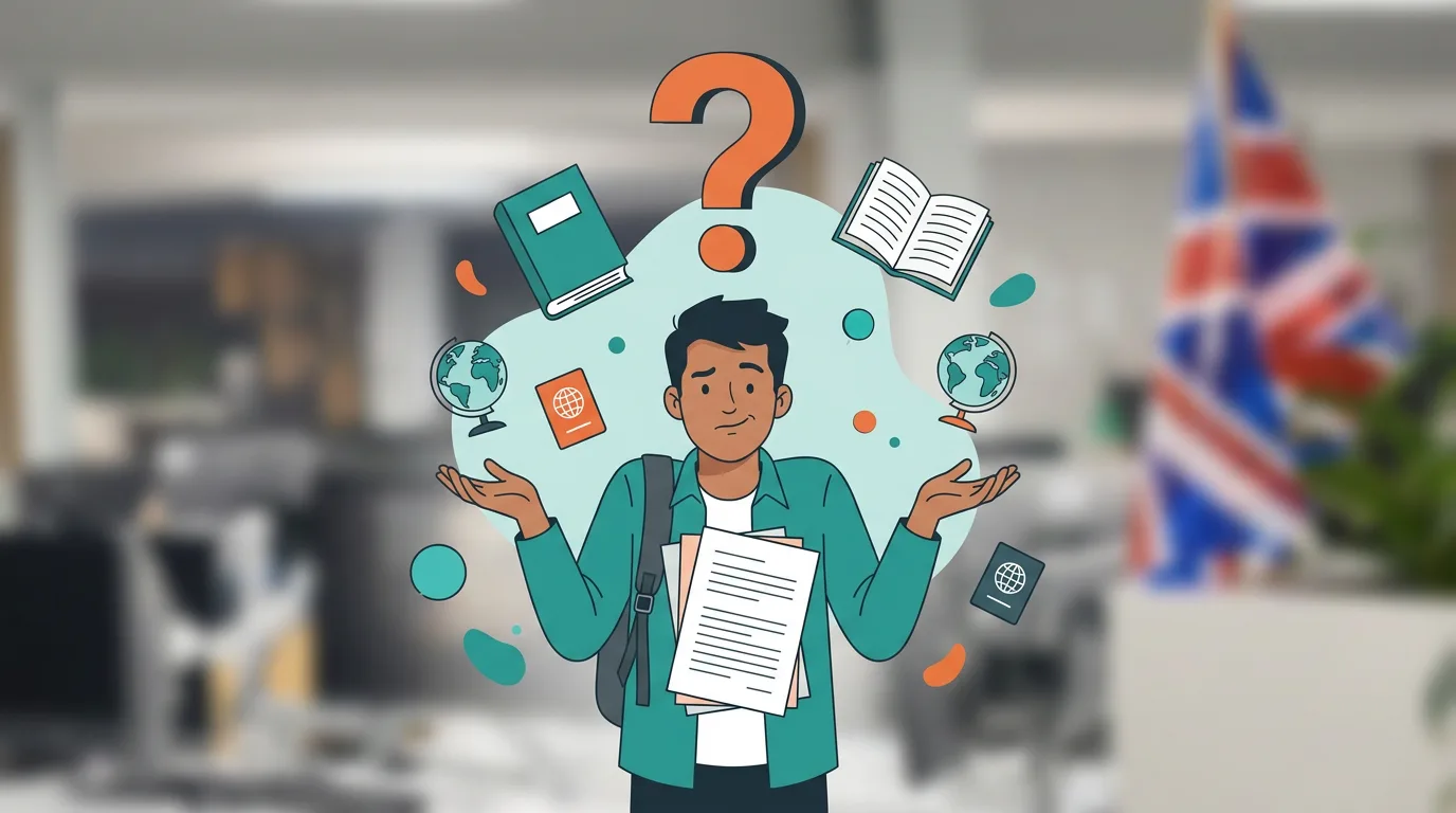 Illustration of a student surrounded by documents, books and question marks