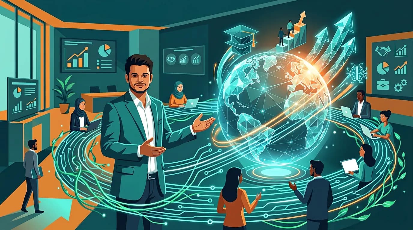 Illustration of a global education platform connecting students worldwide
